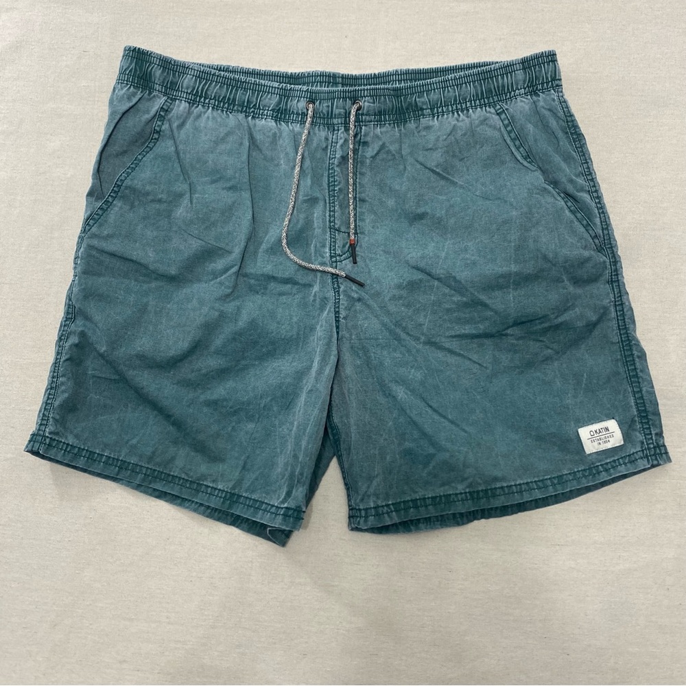Katin Mens Swim Trunks Shorts Sz L Blue Canvas Mesh Lined Drawstring 5” Inseam